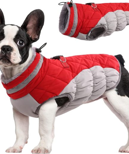 Dog Coat for Small Dogs,Waterproof Dog Winter Jacket with Harness Built in Puppy Cold Weather Coats Reflective Pet Vest with Zipper Warm Fleece Dogs Snowsuit Windproof Red S