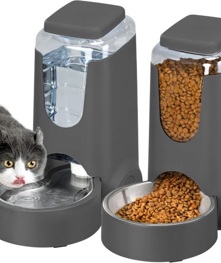 2 Pack Automatic Cat Feeder and Stainless Steel Water Dispenser, Gravity Dog Waterer Set Food Feeder and Waterer Set for Small Medium Kitten Puppy Pets(1 Gallon x 2, Charcoal Gray)