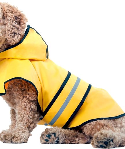 Yellow Dog Rain Jacket With Hood, Reflective Strip for Safety, Leash Hole & Adjustable Velcro Belly Strap, 100% Polyester Water Resistant Pet Raincoat - Small, 9in Long