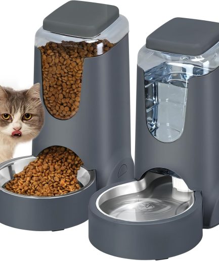 Automatic Cat Feeder and Water Dispenser with Stainless Steel Bowl Dog Gravity Food Feeder and Waterer for Small Medium Pets Puppy Kitten 1 Gallon x 2