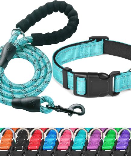 Reflective Dog Collar Padded with Soft Neoprene Breathable Adjustable Nylon Dog Collars for Small Medium Large Dogs (Medium (Pack of 1), Blue Collar+Leash)